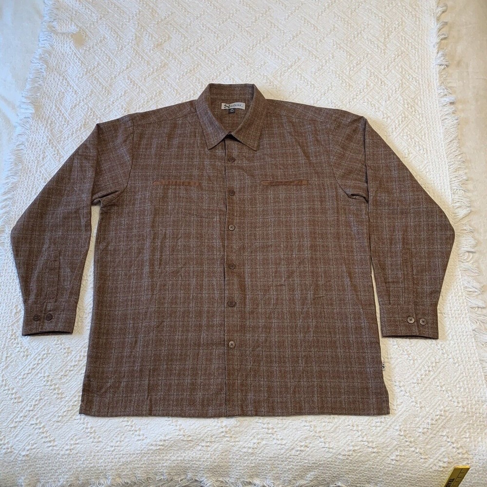 Silversilk Long Sleeve Button Up Brown Geometric Dress Shirt Adult Men XXL 2XL